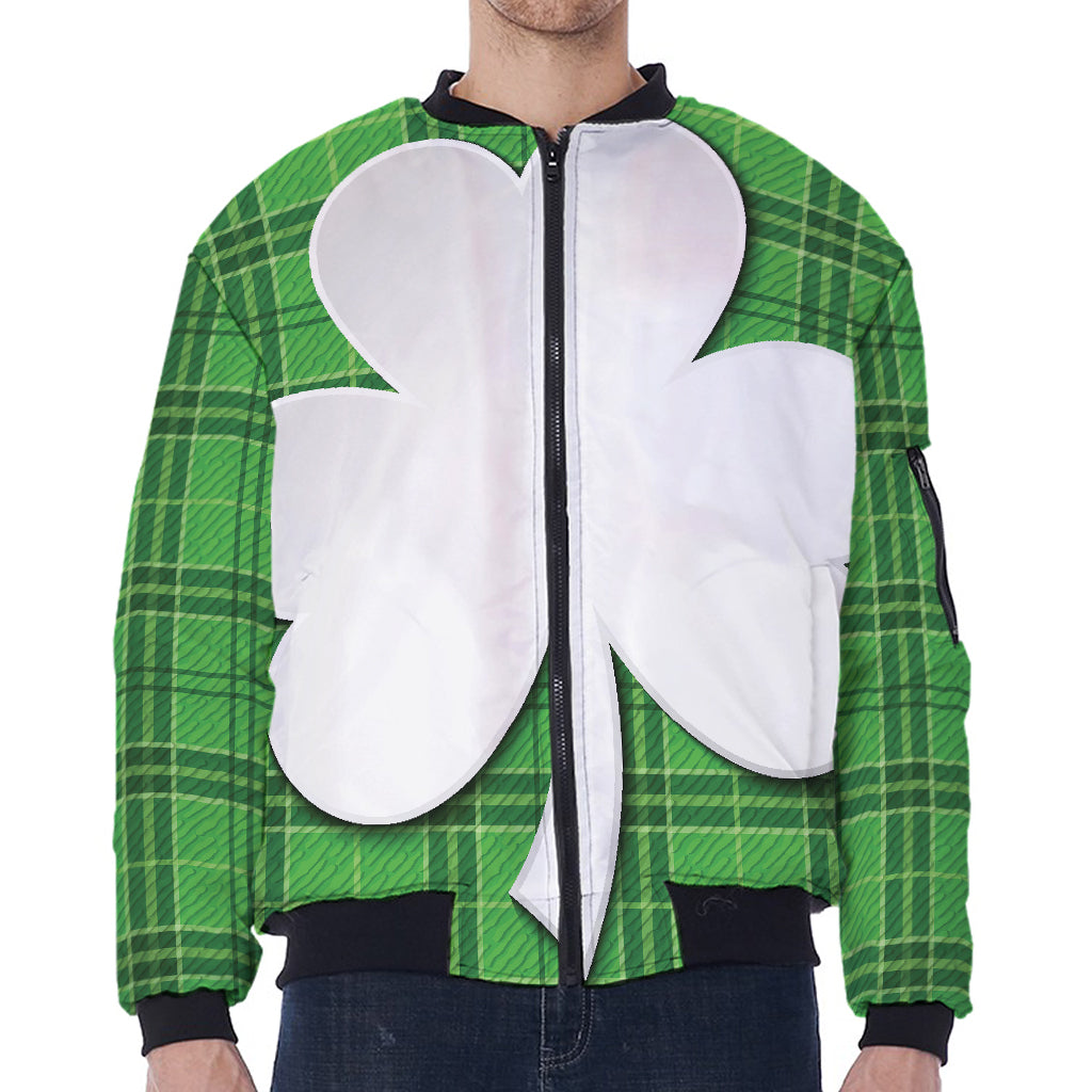 Green Shamrock Tartan Print Zip Sleeve Bomber Jacket