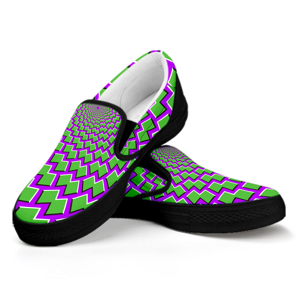 Green Shapes Moving Optical Illusion Black Slip On Sneakers
