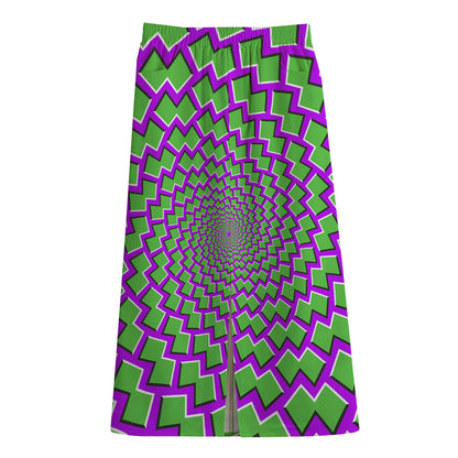 Green Shapes Moving Optical Illusion Cotton Front Slit Maxi Skirt