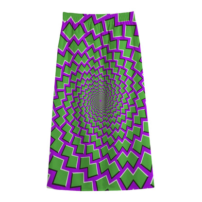 Green Shapes Moving Optical Illusion Cotton Front Slit Maxi Skirt