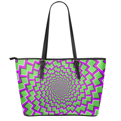 Green Shapes Moving Optical Illusion Leather Tote Bag