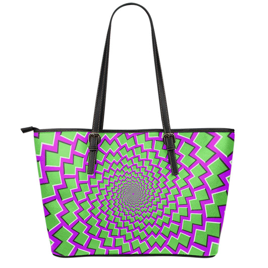 Green Shapes Moving Optical Illusion Leather Tote Bag