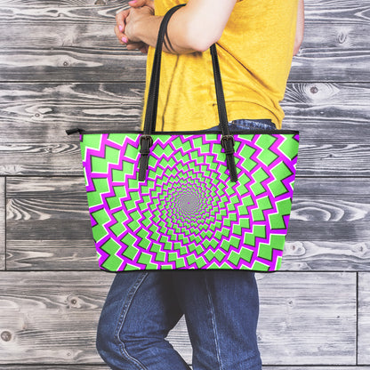 Green Shapes Moving Optical Illusion Leather Tote Bag