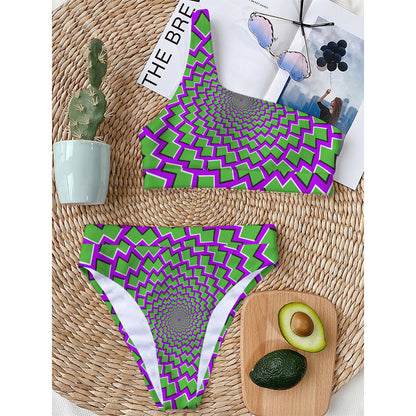 Green Shapes Moving Optical Illusion One Shoulder Bikini Top