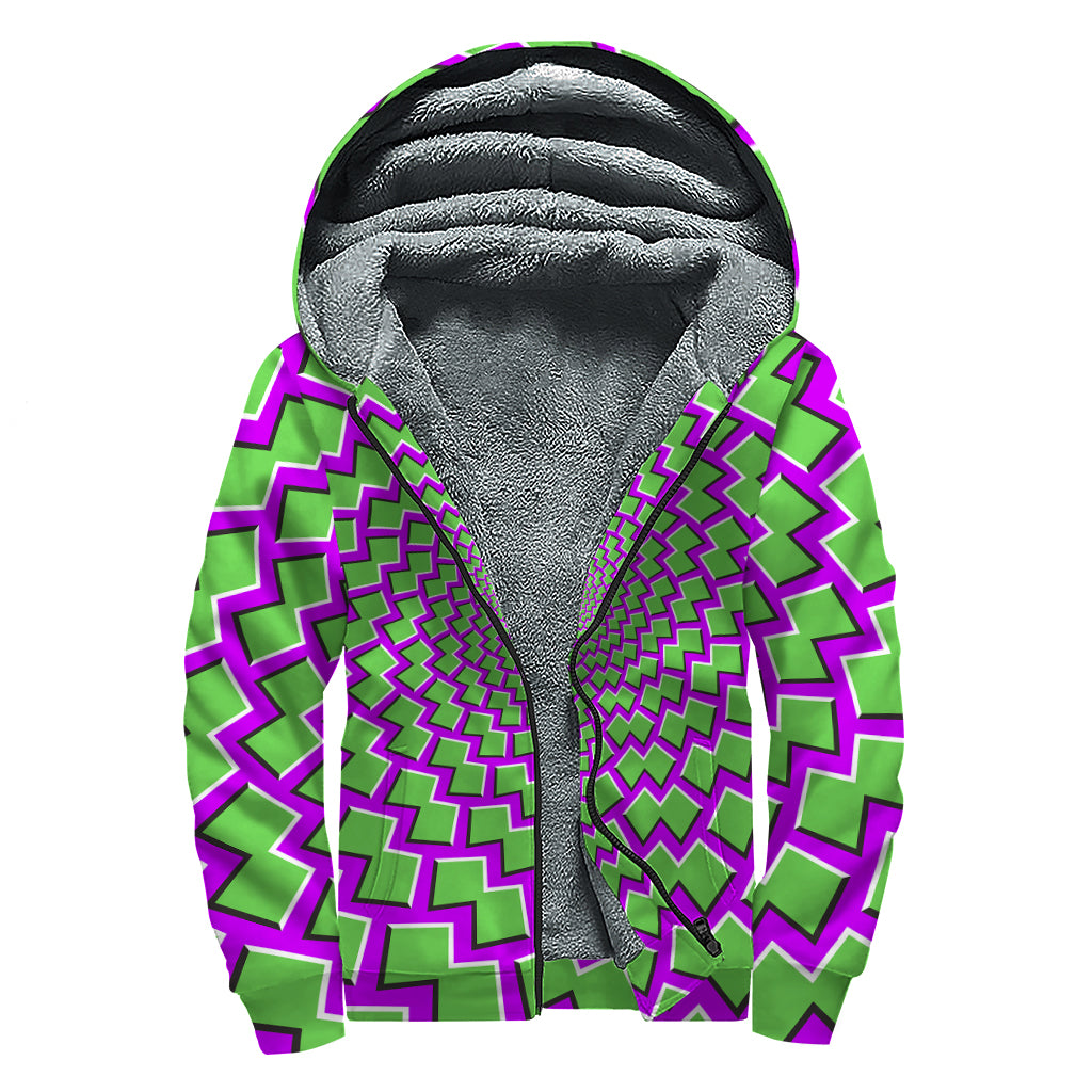 Green Shapes Moving Optical Illusion Sherpa Lined Zip Up Hoodie