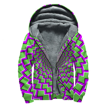 Green Shapes Moving Optical Illusion Sherpa Lined Zip Up Hoodie