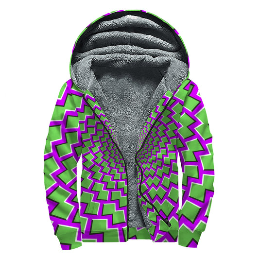 Green Shapes Moving Optical Illusion Sherpa Lined Zip Up Hoodie
