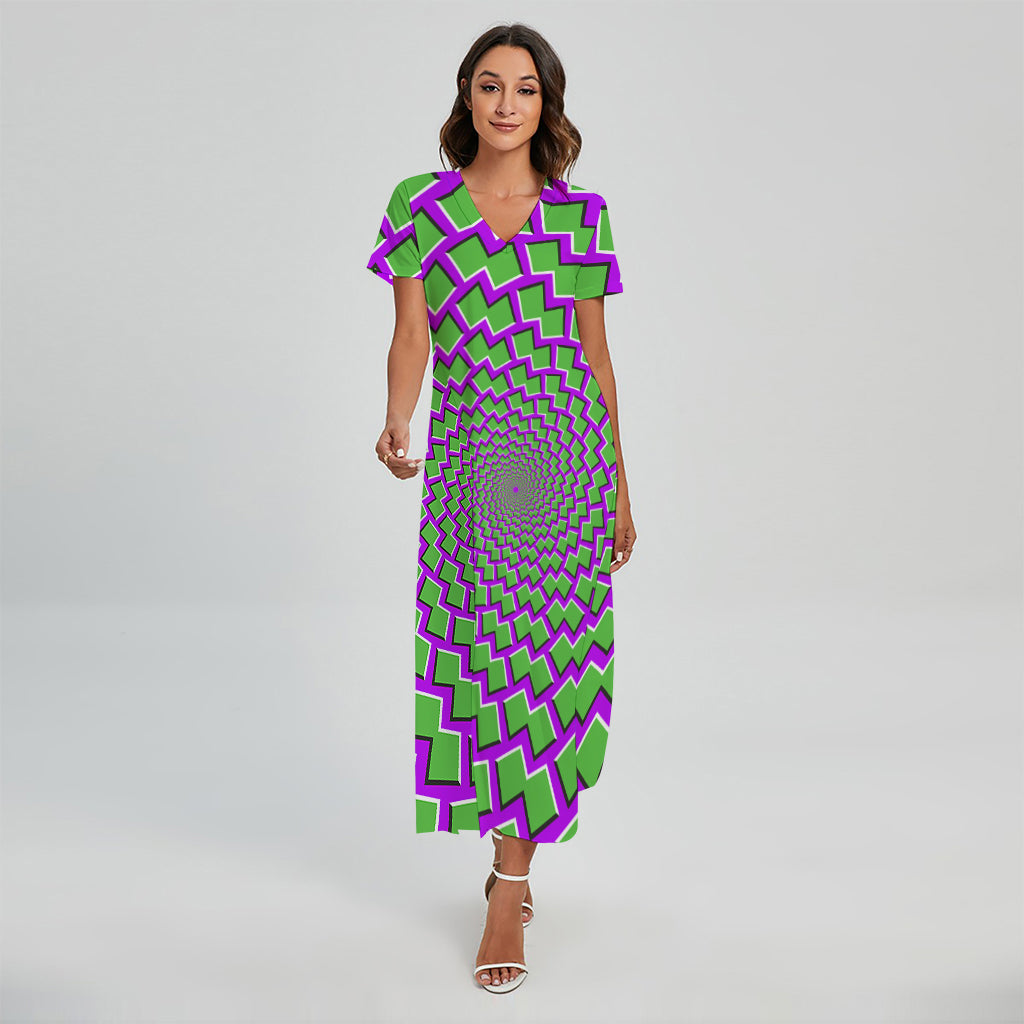 Green Shapes Moving Optical Illusion Short Sleeve Maxi Dress