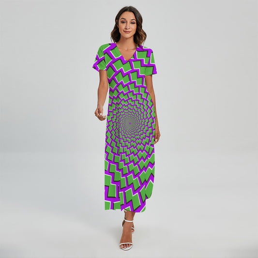 Green Shapes Moving Optical Illusion Short Sleeve Maxi Dress