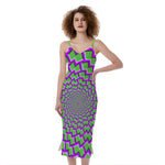 Green Shapes Moving Optical Illusion Slim Fit Midi Cami Dress