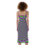 Green Shapes Moving Optical Illusion Slim Fit Midi Cami Dress