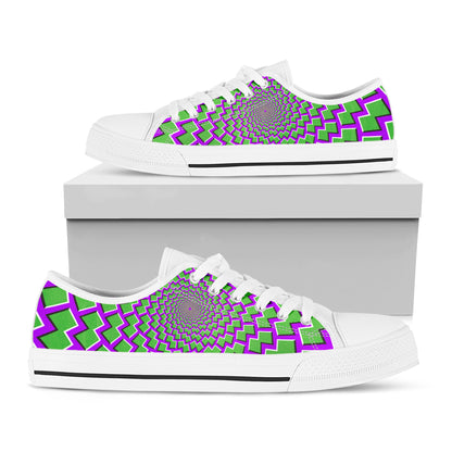 Green Shapes Moving Optical Illusion White Low Top Sneakers