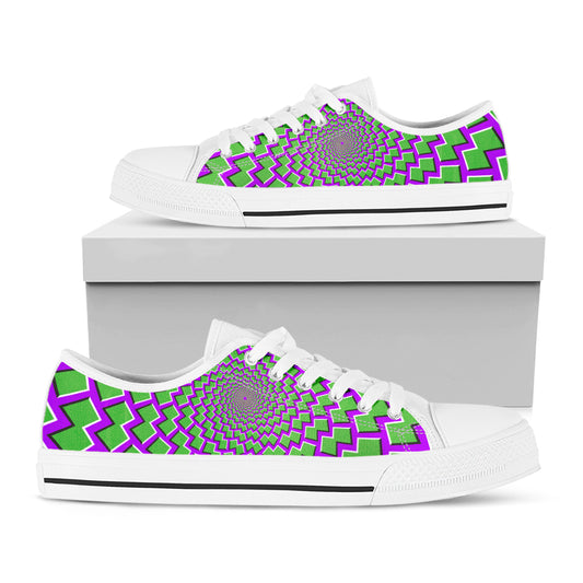 Green Shapes Moving Optical Illusion White Low Top Sneakers