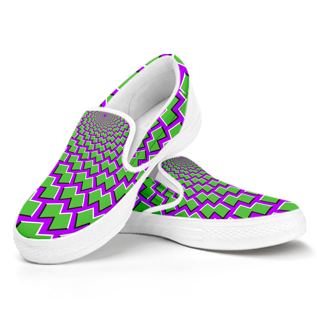 Green Shapes Moving Optical Illusion White Slip On Sneakers