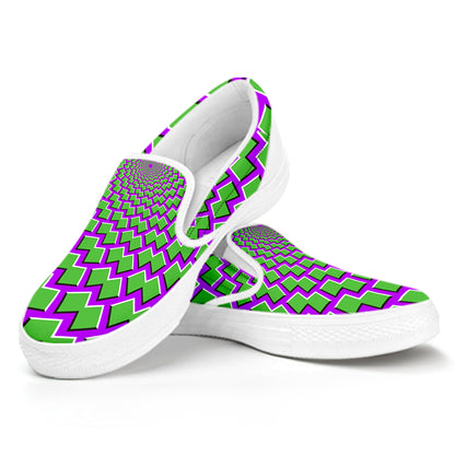 Green Shapes Moving Optical Illusion White Slip On Sneakers
