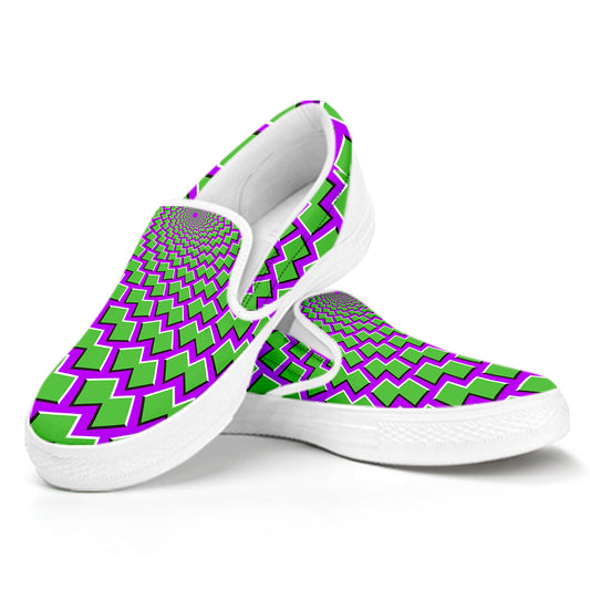 Green Shapes Moving Optical Illusion White Slip On Sneakers