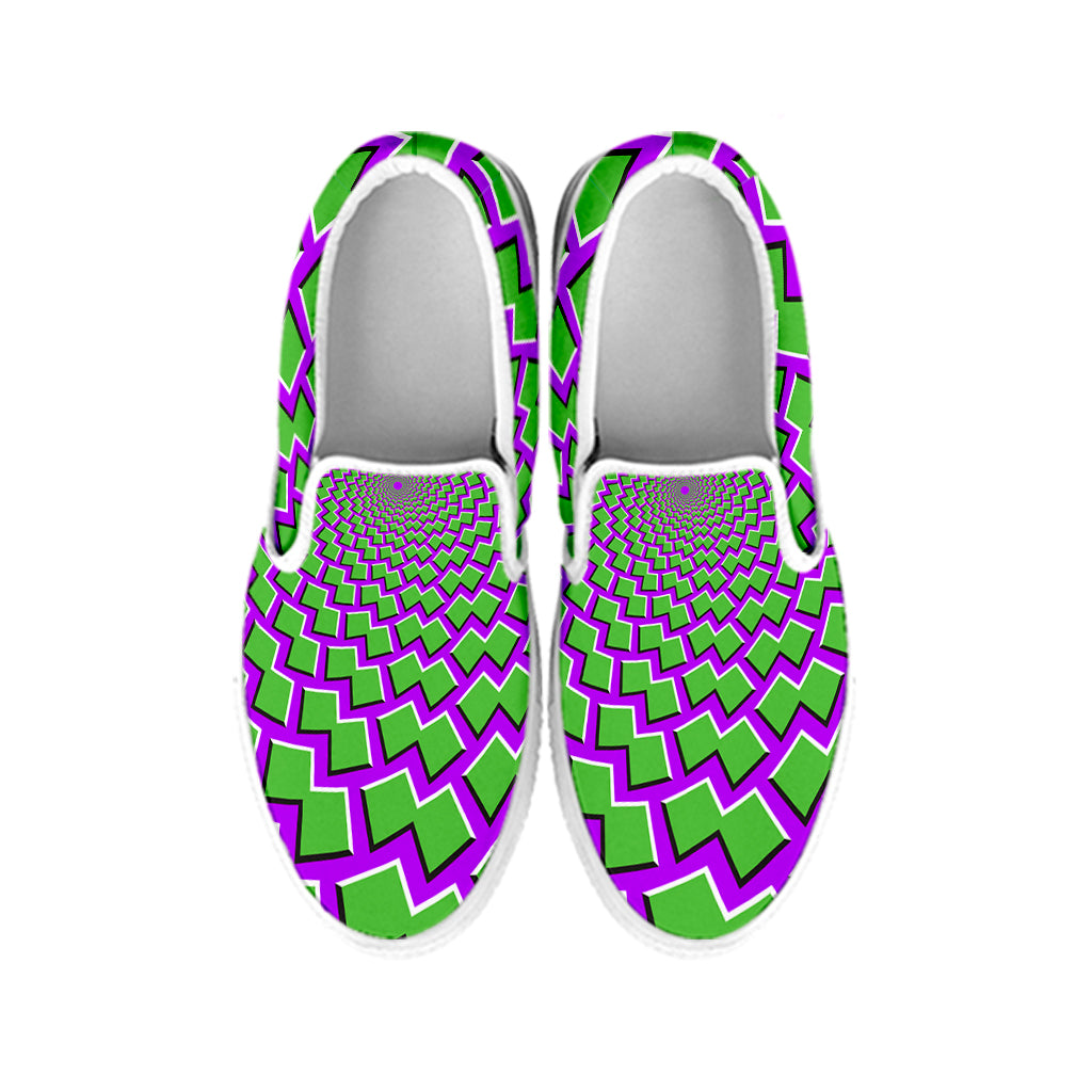 Green Shapes Moving Optical Illusion White Slip On Sneakers