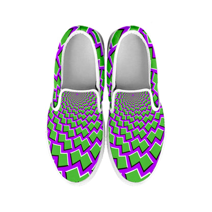 Green Shapes Moving Optical Illusion White Slip On Sneakers