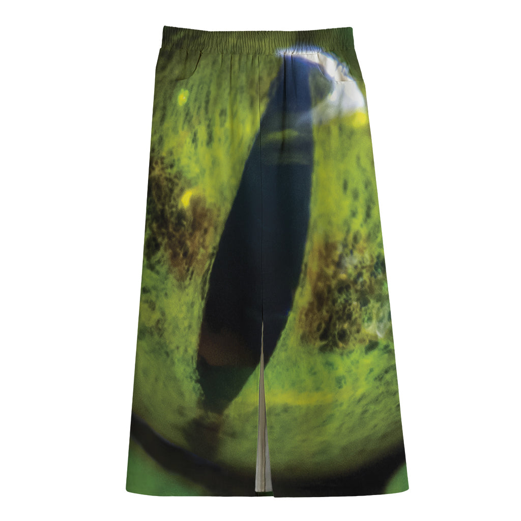 Green Snake Eye Print Cotton Front Slit Maxi Skirt