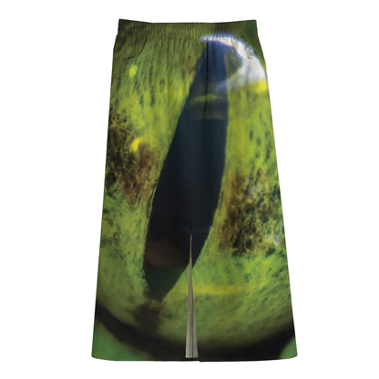 Green Snake Eye Print Cotton Front Slit Maxi Skirt