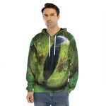 Green Snake Eye Print Men's Velvet Pullover Hoodie