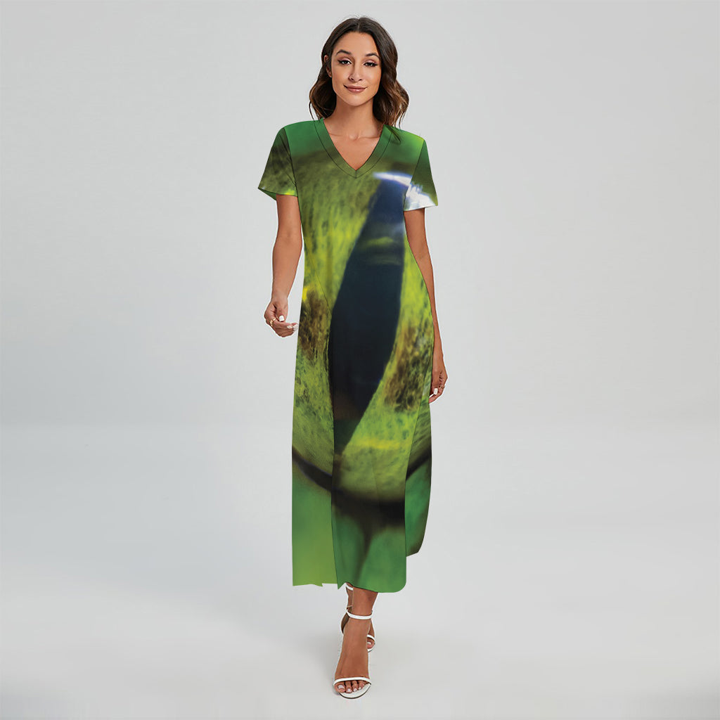 Green Snake Eye Print Short Sleeve Maxi Dress