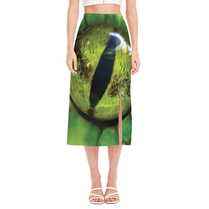 Green Snake Eye Print Side Slit Midi Skirt
