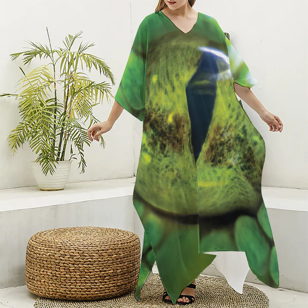 Green Snake Eye Print Silk V-Neck Kaftan Dress