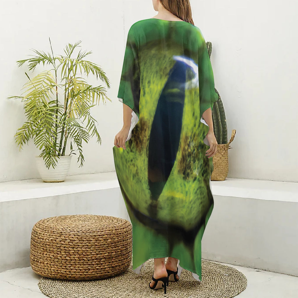 Green Snake Eye Print Silk V-Neck Kaftan Dress