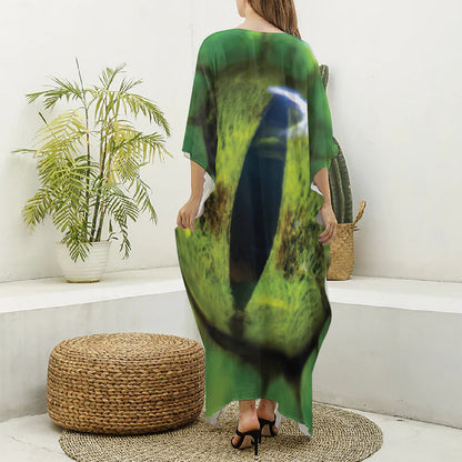 Green Snake Eye Print Silk V-Neck Kaftan Dress