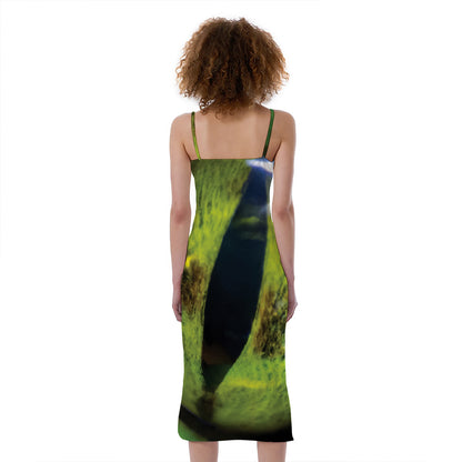Green Snake Eye Print Slim Fit Midi Cami Dress