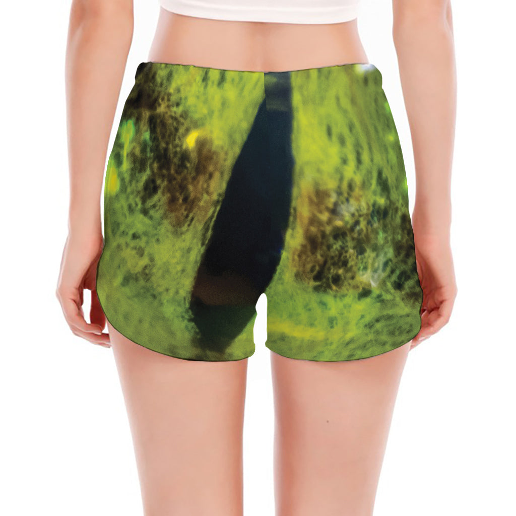 Green Snake Eye Print Women's Split Running Shorts