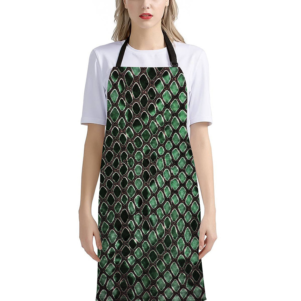 Green Snakeskin Print Bib Apron With Pocket