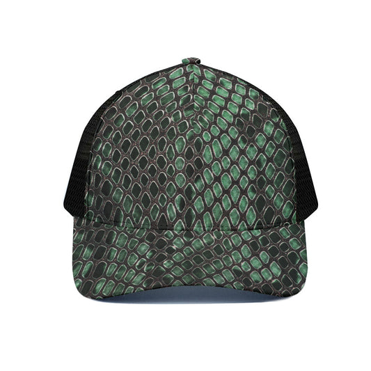 Green Snakeskin Print Black Mesh Trucker Cap