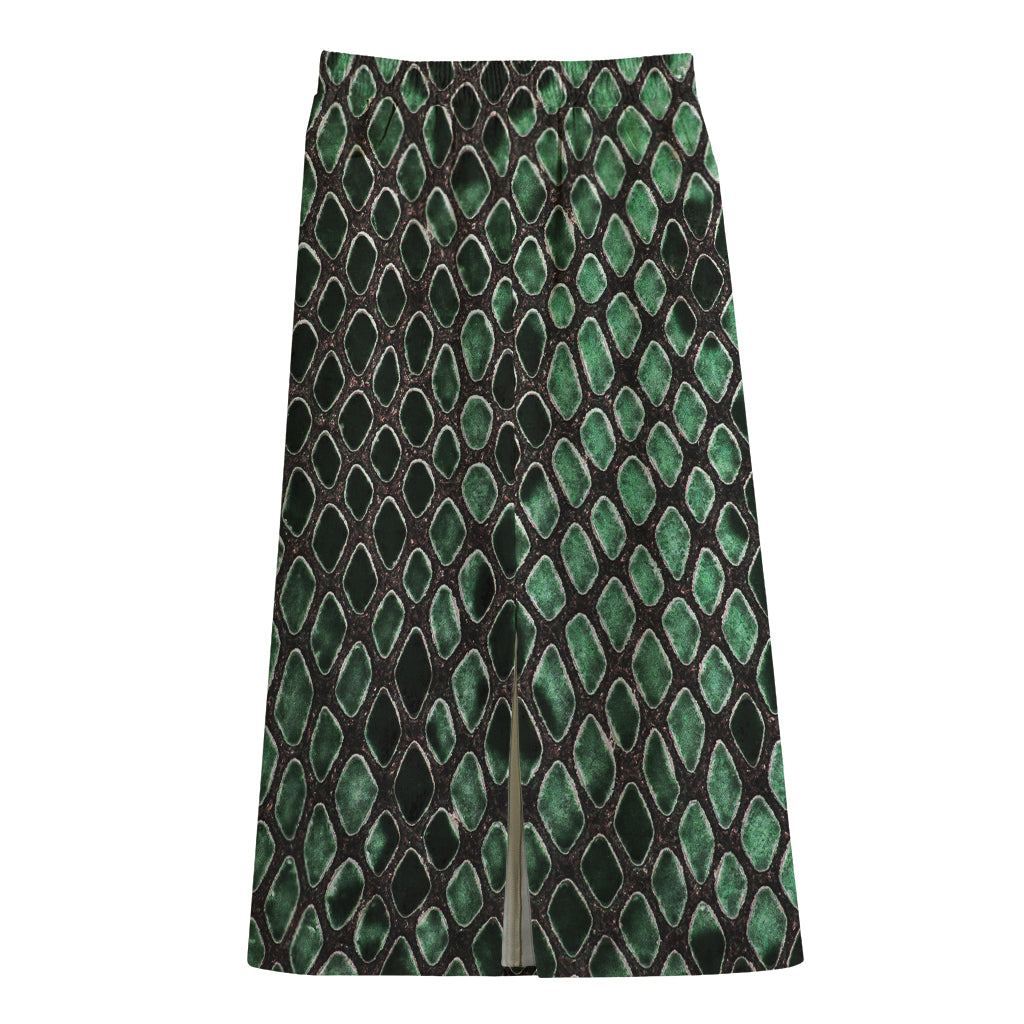 Green Snakeskin Print Cotton Front Slit Maxi Skirt