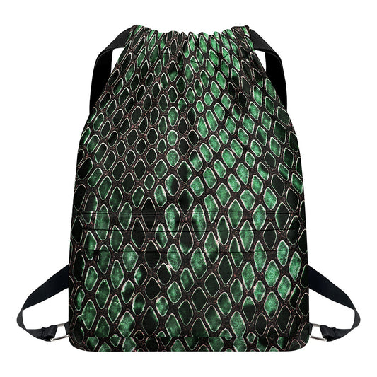 Green Snakeskin Print Drawstring Backpack