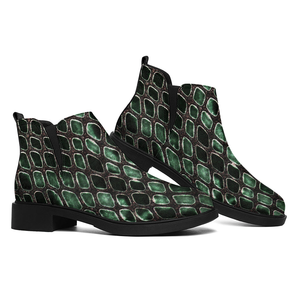 Green Snakeskin Print Flat Ankle Boots