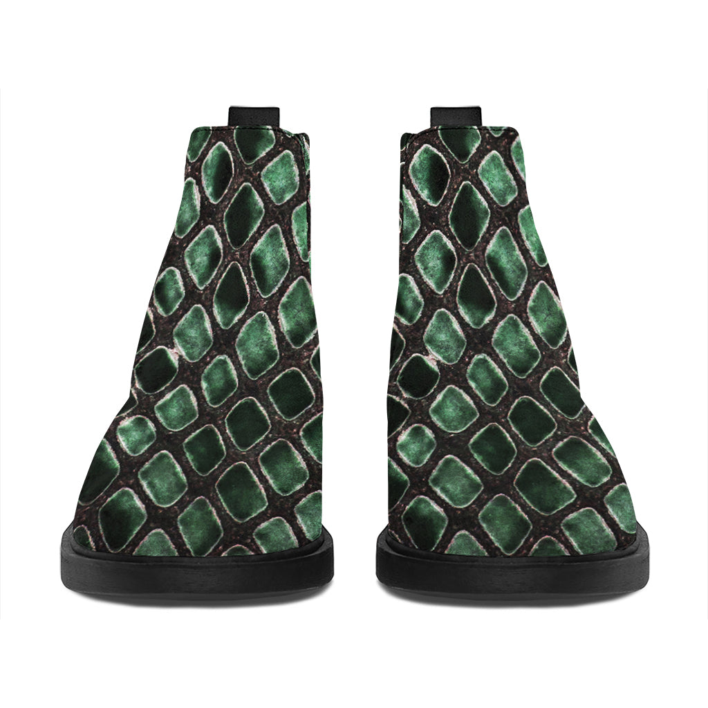 Green Snakeskin Print Flat Ankle Boots