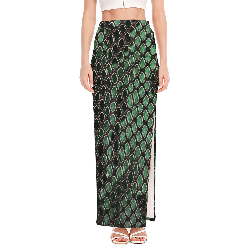 Green Snakeskin Print High Slit Maxi Skirt
