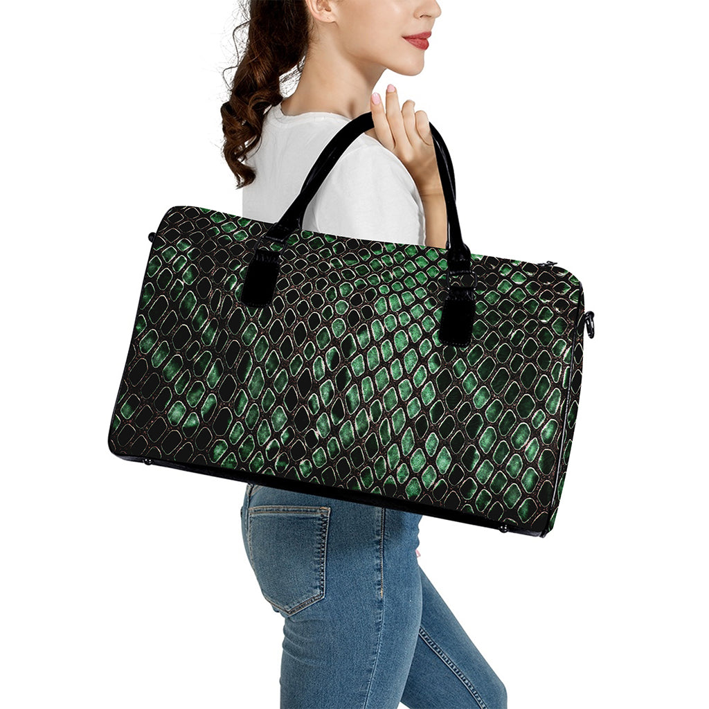 Green Snakeskin Print Leather Duffle Bag