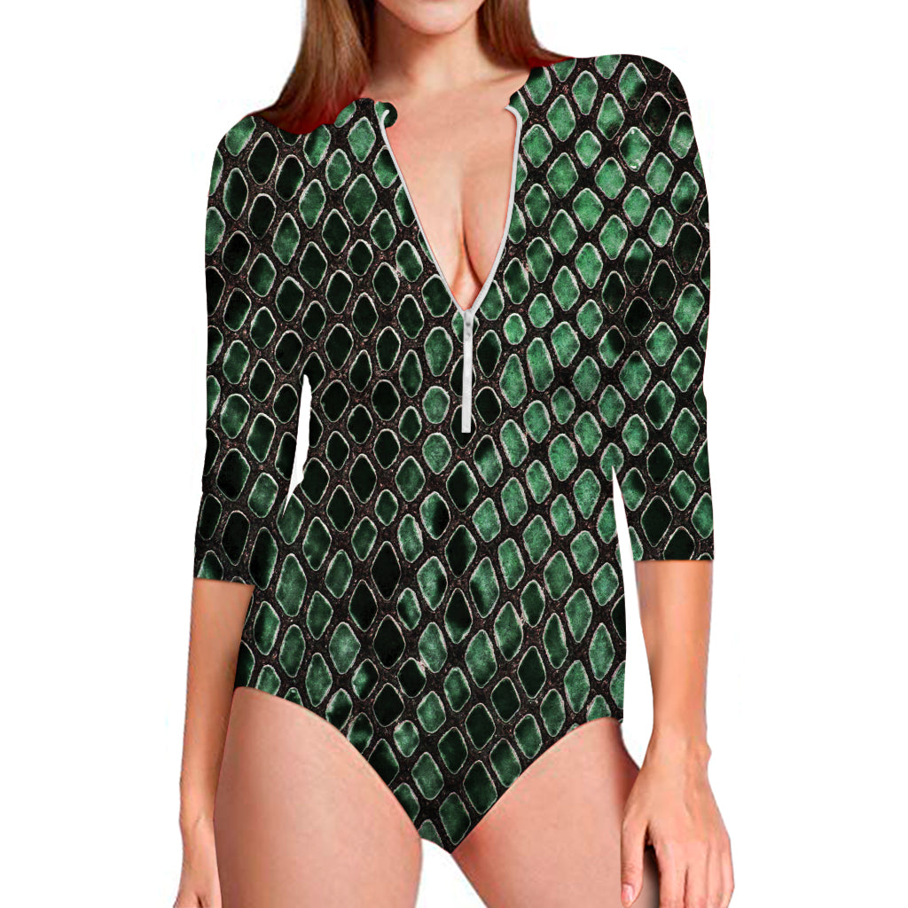 Green Snakeskin Print Long Sleeve Swimsuit