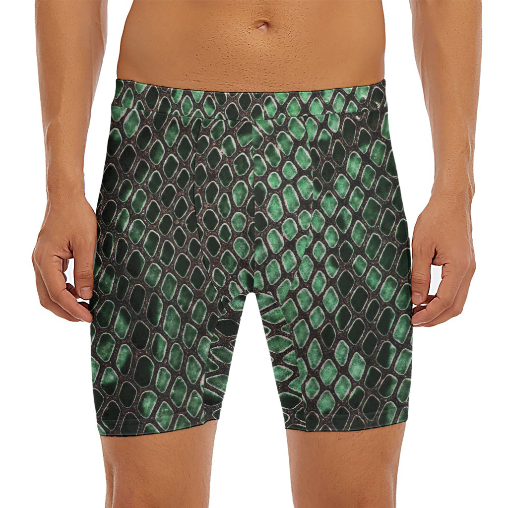 Green Snakeskin Print Men's Long Boxer Briefs