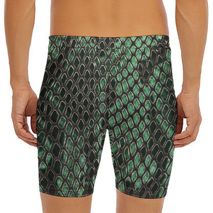 Green Snakeskin Print Men's Long Boxer Briefs