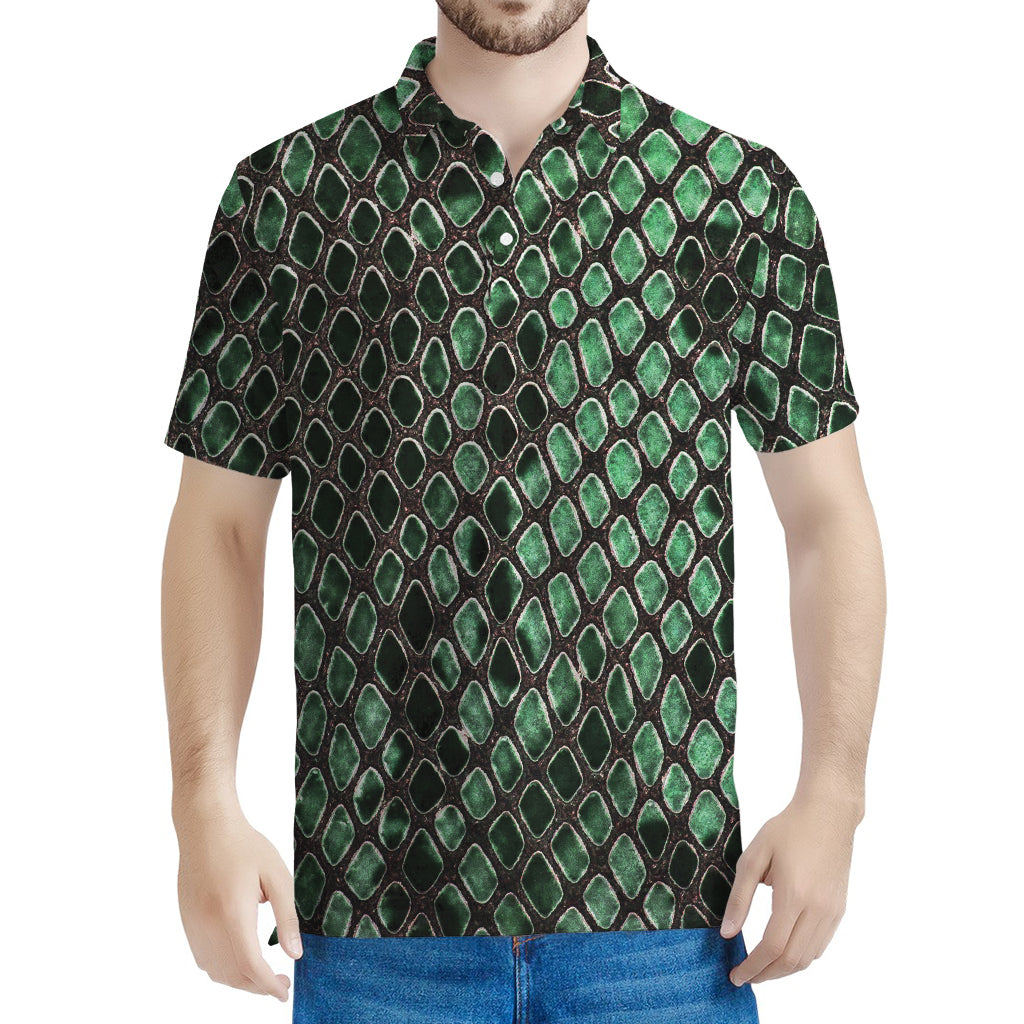 Green Snakeskin Print Men's Polo Shirt