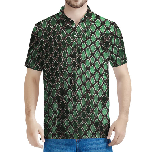 Green Snakeskin Print Men's Polo Shirt