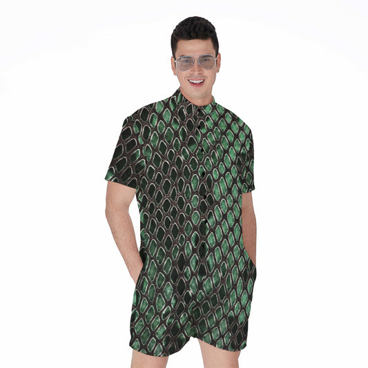 Green Snakeskin Print Men's Rompers