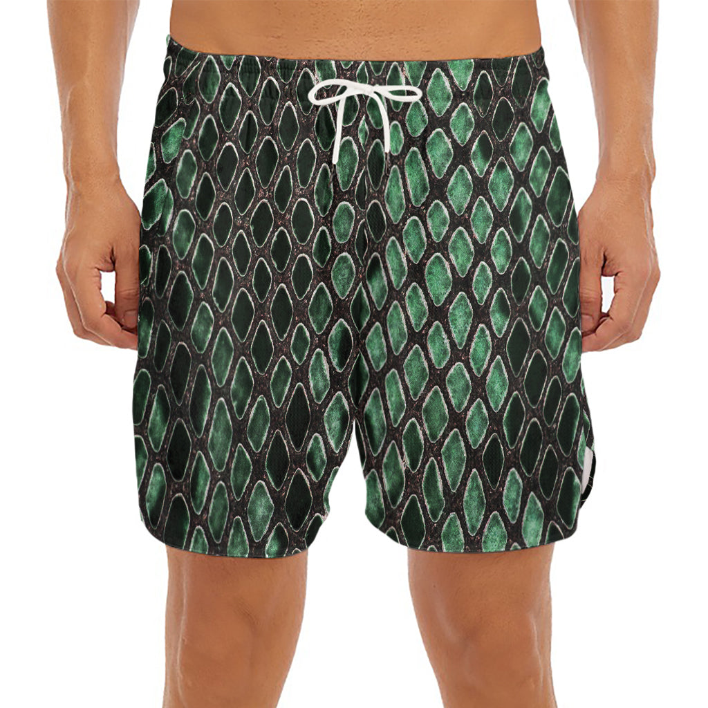 Green Snakeskin Print Men's Split Running Shorts