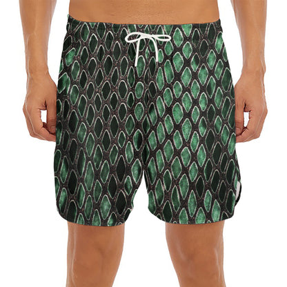 Green Snakeskin Print Men's Split Running Shorts