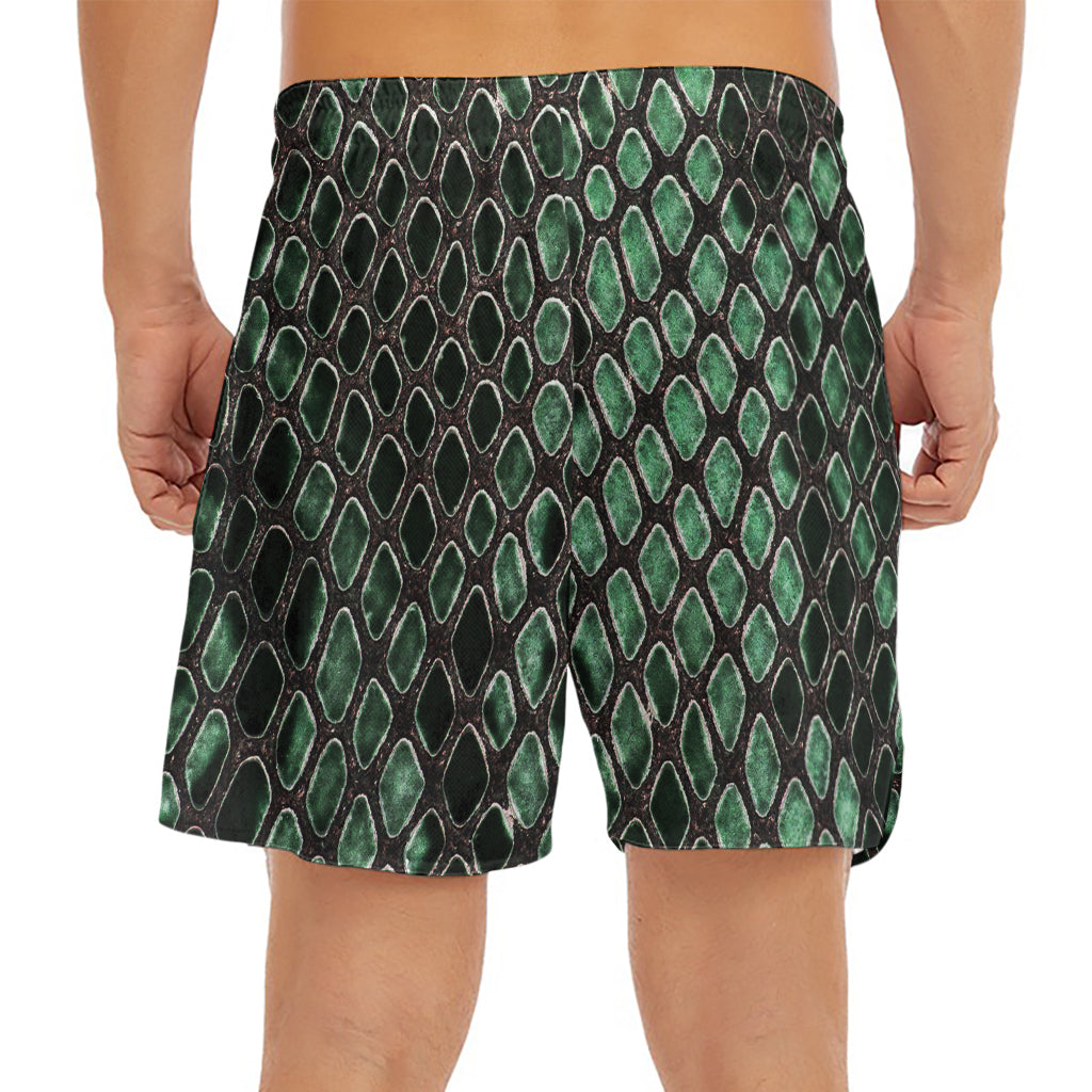 Green Snakeskin Print Men's Split Running Shorts