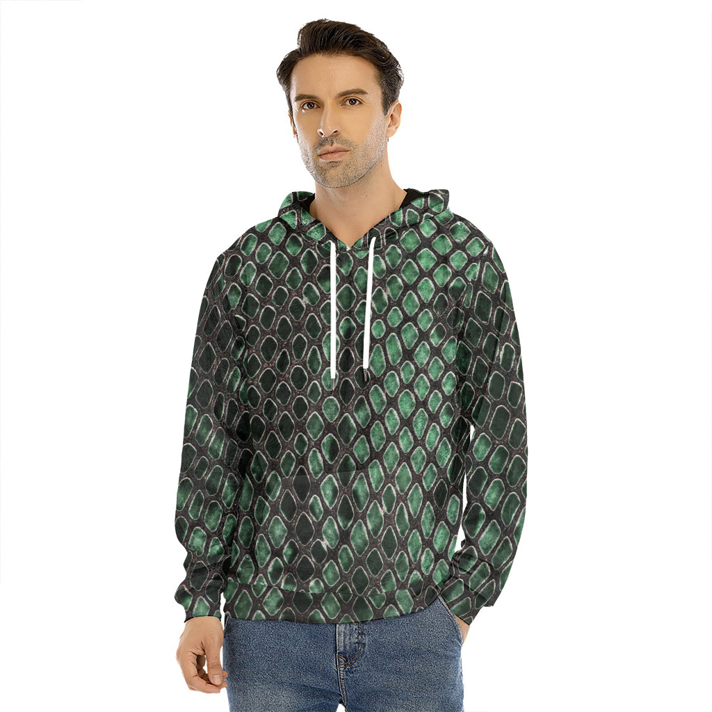 Green Snakeskin Print Men's Velvet Pullover Hoodie